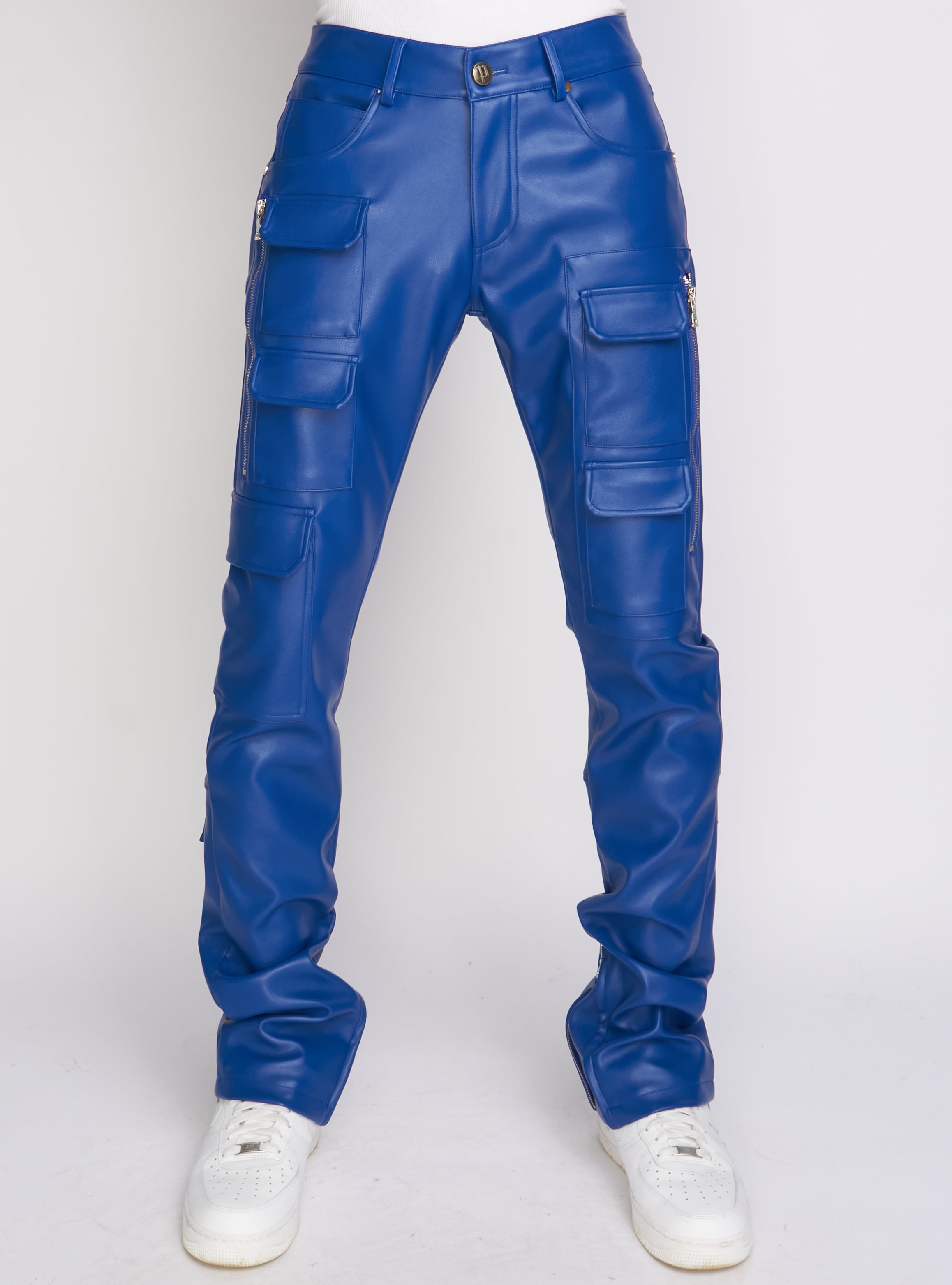 Moschino Retro Logo Leather Trousers in Blue for Men | Lyst